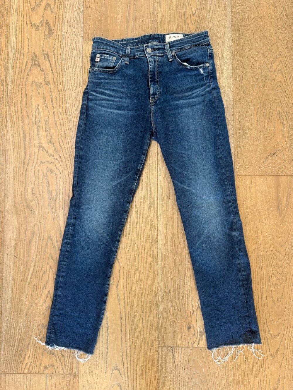 AG Mari Crop High Rise Slim Straight Jeans Dark Wash Raw Hem Japan Fabric Size 2